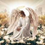 angel sentado en un jardin